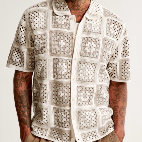 Abercrombie & Fitch Men's Crochet Button Down Shirt - Cream and Brown - Picture 1 of 10